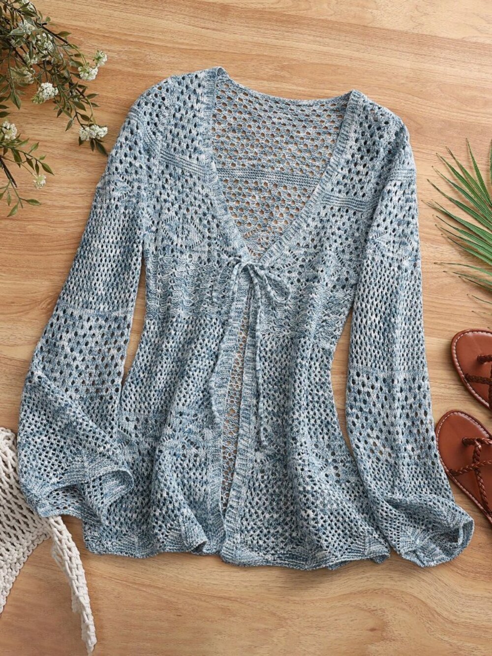 Boho Women's Tie-Dye Hollow-Out Front Lace-Up Long Sleeve Casual Cardigan